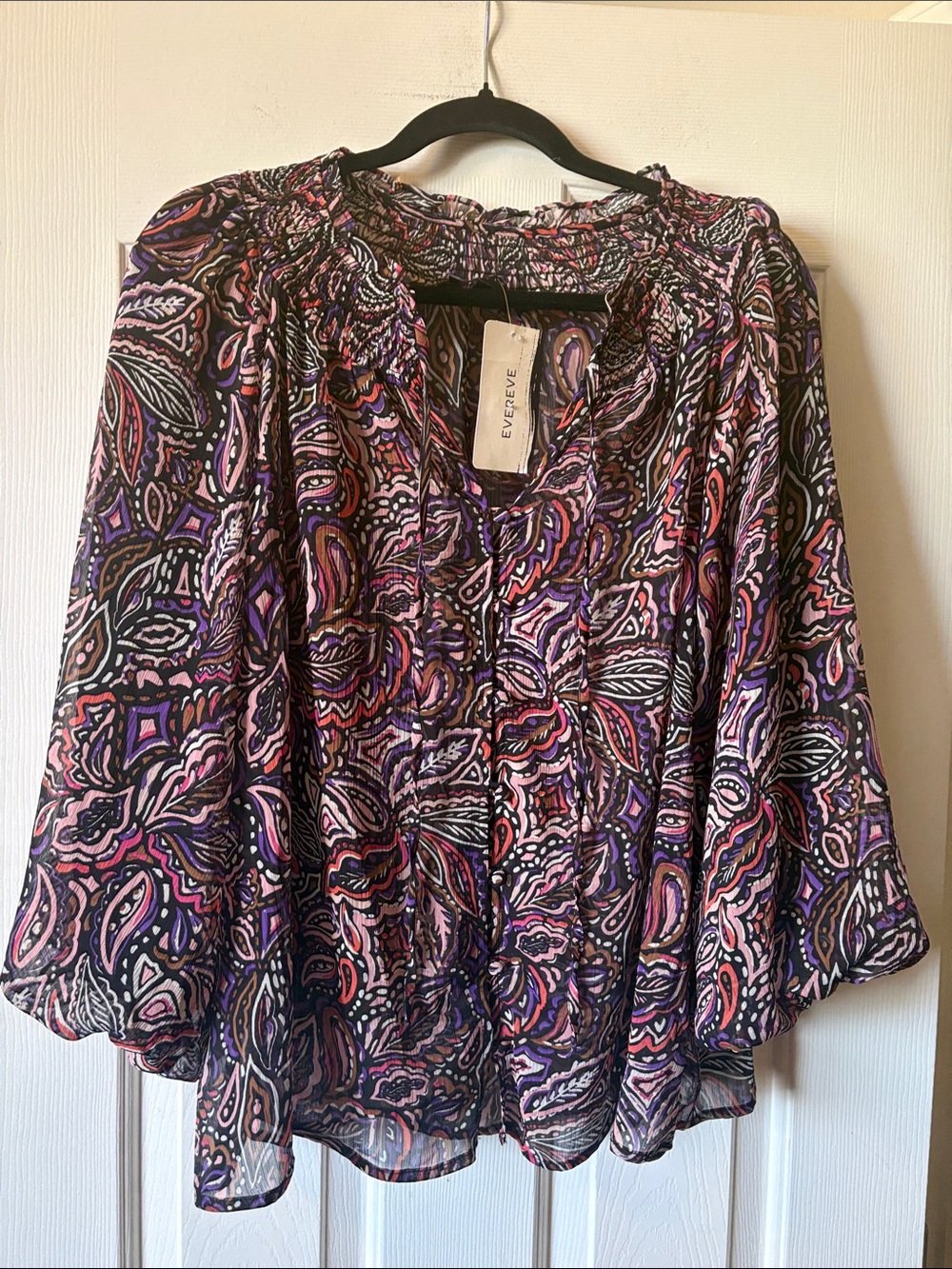 Sanctuary Breezy Smocked Neck Blouse Royal Paisley size L